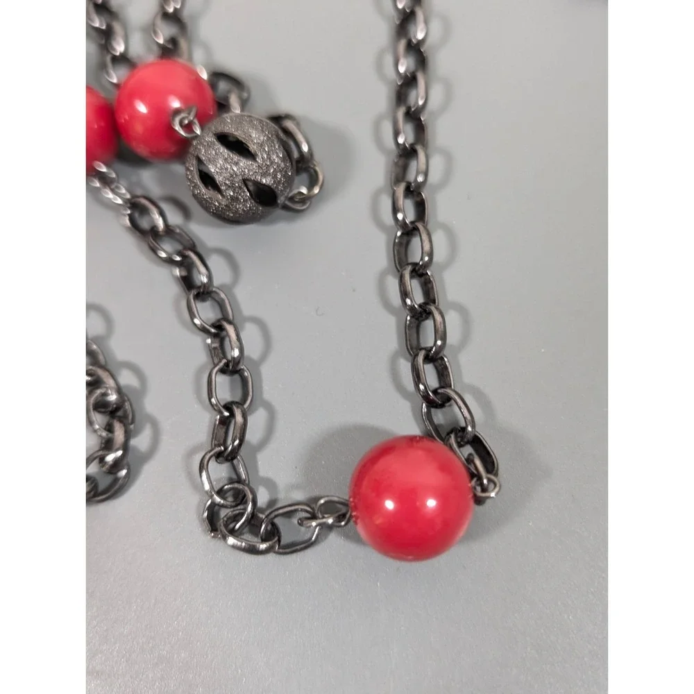 Gunmetal Filigree Ball Pink Bead Layering Necklace Goth Boho Y2K‎ 42 inch